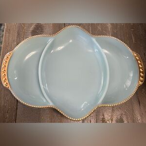 Vintage 1950s Fire King Blue Delphite Divided Glass Tray Plate with Gold Trim